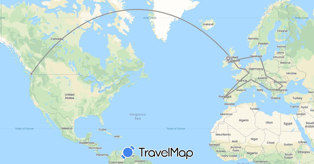 TravelMap itinerary: driving, plane in Austria, Belgium, Bulgaria, Canada, Switzerland, Denmark, United Kingdom, Croatia, Hungary, Ireland, Luxembourg, Portugal, Romania, Slovakia (Europe, North America)